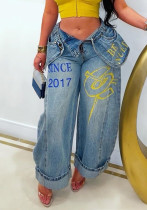 Women's Street Wide-leg Denim High-waist Graffiti Washed Loose Pants Women's Street Wide-leg Denim High-waist Graffiti Washed Loose Pants