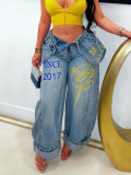 Women's Street Wide-leg Denim High-waist Graffiti Washed Loose Pants