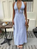 Summer Holiday Striped Halter Neck Open-Back Maxi Dress with Tie Detail