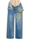 Women's Street Wide-leg Denim High-waist Graffiti Washed Loose Pants