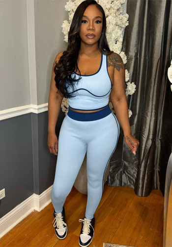 Spring Women's Low Back Top and High-Waist Color-Block Tight-Fitting Sport Pants Set