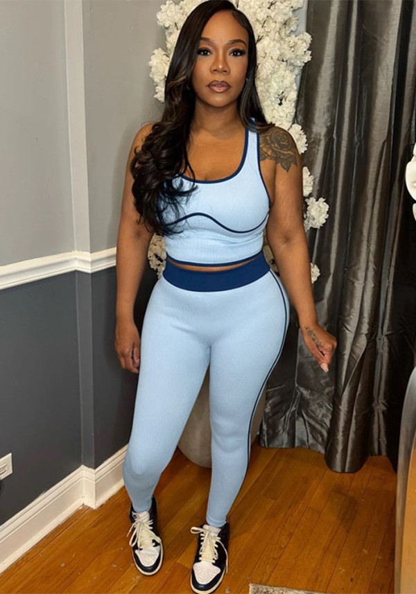 Spring Women's Low Back Top and High-Waist Color-Block Tight-Fitting Sport Pants Set