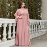 Plus Size Women's V-neck Long Sleeve Embroidered Floral Slim Waist Slit Bridesmaid Dress