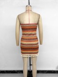 Women's Strapless Slim Waist Ethnic Striped Fringe Bodycon Dress