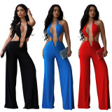 Women's Fashion Tie Low Back Solid Color Bodycon Jumpsuit