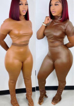 Spring Women's Tight-Fitting PU Leather Pants Set with Open Waist