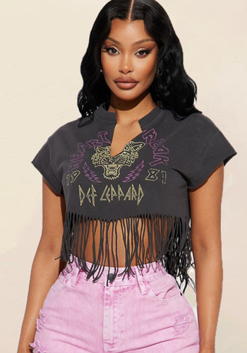 Women's Crop Fringed Short Sleeve T-shirt