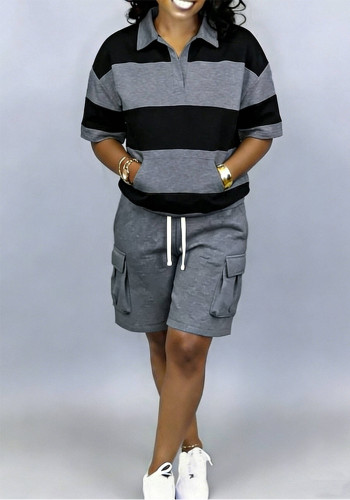 Summer Women's Casual Turn-down Collar Striped Polo Shirt and Sport Shorts Set