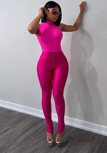 Autumn/Winter Women's Solid Color Casual Sleeveless Bodysuit and Pants Set