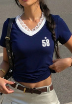 Summer Sport Printed Color-Block Lace Patchwork V-neck T-shirt Summer Sport Printed Color-Block Lace Patchwork V-neck T-shirt