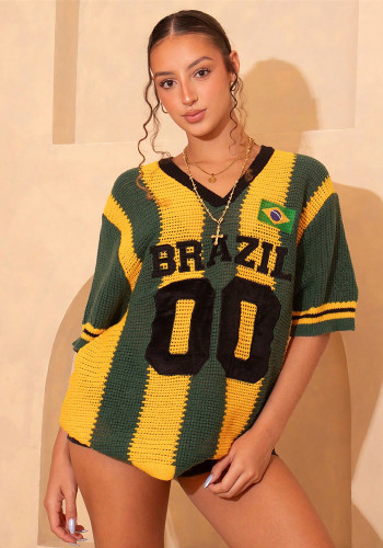 Women Summer Brazilian Embroidery Letter Embroidery Knitting Number Top