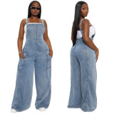 Women Washed Denim Jumpsuit Wide Leg Overalls