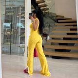 Women Spring Summer Polka Dot Print Shirt Collar Short Sleeve Top and Slit Long Pants Two-Piece Set