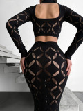 Women Hollow Out Top and Skirt Two-Piece Set