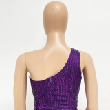 Women Ruched Ribbon Sequin One Shoulder Holidays Bodycon Dress