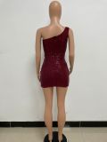 Women Ruched Ribbon Sequin One Shoulder Holidays Bodycon Dress