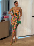 Women Floral Print Backless Tank Top Capri Long Pants Two-Piece Set