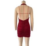 Women V Neck Halter Neck Backless Sexy Ruched Dress