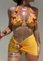 Women Sunflower Color Bikini Floral Beach Holidays Swimwear Three-Piece Set Women Sunflower Color Bikini Floral Beach Holidays Swimwear Three-Piece Set