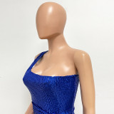 Women Ruched Ribbon Sequin One Shoulder Holidays Bodycon Dress