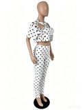 Women Spring Summer Print Round Neck Ripped Pin Short Sleeve T-Shirt Two-Piece Set
