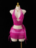 Women Gradient Color Halter Neck Knitting Hollow Out Lace-Up Bikini Swimwear Two-Piece Set