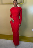 Women Ruched Round Neck Long Sleeve Bodycon Dress