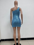 Women Ruched Ribbon Sequin One Shoulder Holidays Bodycon Dress