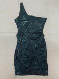 Women Ruched Ribbon Sequin One Shoulder Holidays Bodycon Dress