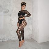 Women Hollow Out Mesh Long Sleeve Top and Pants Two-Piece Set