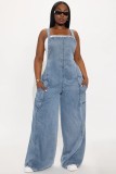 Women Washed Denim Jumpsuit Wide Leg Overalls