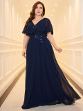 Plus Size Women's Navy Blue V-neck Chic Formal Party Dress