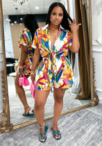Women Floral Print Lace-Up Short Sleeve Shirt Top Shorts Two-Piece Set Women Floral Print Lace-Up Short Sleeve Shirt Top Shorts Two-Piece Set