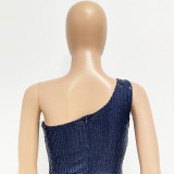 Women Ruched Ribbon Sequin One Shoulder Holidays Bodycon Dress