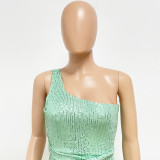 Women Ruched Ribbon Sequin One Shoulder Holidays Bodycon Dress