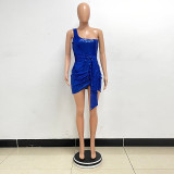 Women Ruched Ribbon Sequin One Shoulder Holidays Bodycon Dress