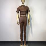 Spring Women's Tight-Fitting PU Leather Pants Set with Open Waist