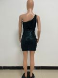 Women Ruched Ribbon Sequin One Shoulder Holidays Bodycon Dress