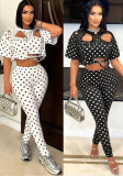 Women Spring Summer Print Round Neck Ripped Pin Short Sleeve T-Shirt Two-Piece Set