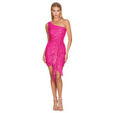 Women Ruched Ribbon Sequin One Shoulder Holidays Bodycon Dress