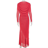 Women Ruched Round Neck Long Sleeve Bodycon Dress