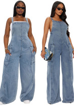 Women Washed Denim Jumpsuit Wide Leg Overalls Women Washed Denim Jumpsuit Wide Leg Overalls