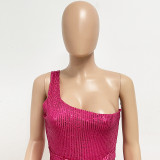 Women Ruched Ribbon Sequin One Shoulder Holidays Bodycon Dress