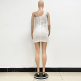 Women Ruched Ribbon Sequin One Shoulder Holidays Bodycon Dress