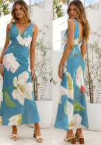Women Spring Summer French Style Print V Neck Backless Dress Women Spring Summer French Style Print V Neck Backless Dress