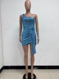 Women Ruched Ribbon Sequin One Shoulder Holidays Bodycon Dress