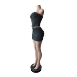 Women Denim Stretchy Strapless Top and Skirt Two-Piece Set