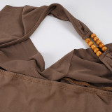 Women Brown Backless Cowl Neck Beaded Halter Neck Top and Bodycon Shorts Two-Piece Set