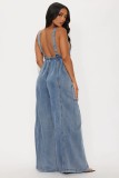 Women Washed Denim Jumpsuit Wide Leg Overalls