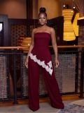Women Elegant Lace Asymmetric Collar Top and Long Pants Two-Piece Set